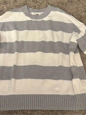 SO Light Gray and White Striped Crewneck Sweater